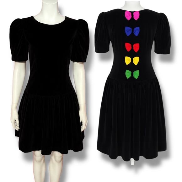 American Vintage Dresses & Skirts - Vintage Black Velvet 80s Drop Waist Back Rainbow Bows Whimsygoth Dress 11/12 S